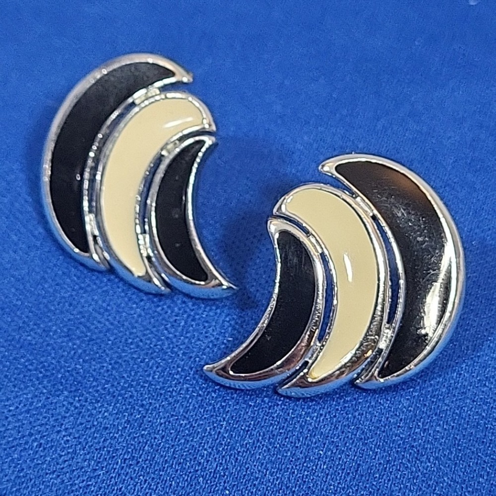 Vintage 90s Earrings Crescent Moons Fans Wings Silver-tone Enamel Art Deco Glam